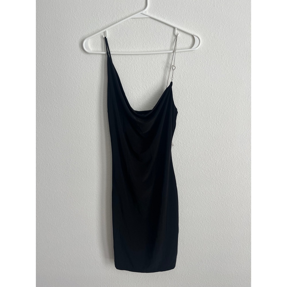 TRESSER Black Cowl Neck Mini Dress Heart Chain Strap Asymmetrical Bodycon LA